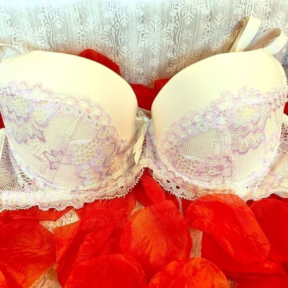 OFF-WHITE w LILAC & CREAM LACE PUSH-UP DEMI 32B - Picture 1 of 5